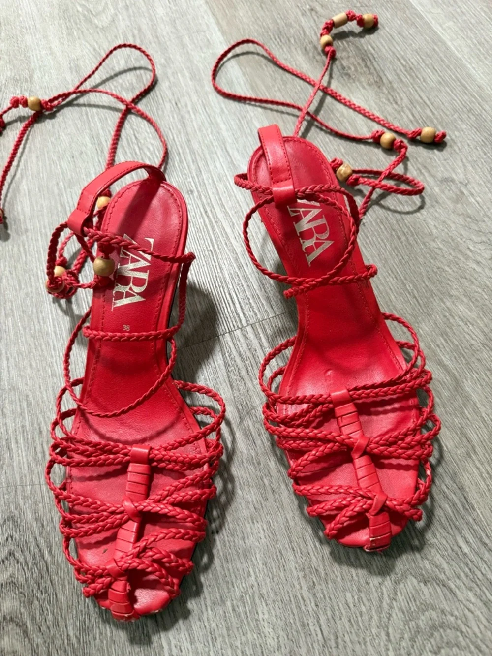 ZARA Red Braided Lace-Up Sandals with Bead Details 38 - Picture 1 of 5